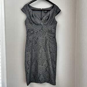 Adrianna Papell Gray Lace Sheath Dress Sz 8 Formal Cocktail Wedding Fitted